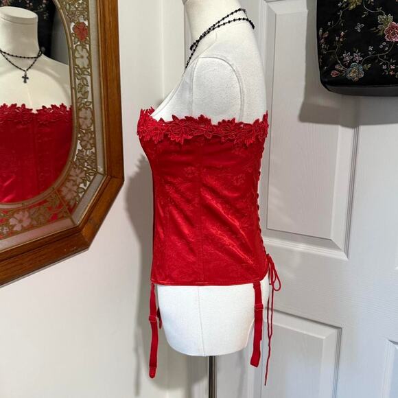 Crepe Suzette Foundations Red Floral Embroidered Satin Boned Lace Up Corset 34 - Picture 3 of 8